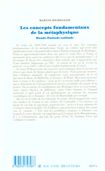 Quatrième de couverture de « LES CONCEPTS FONDAMENTAUX DE LA METAPHYSIQUE - MONDE - FINITUDE - SOLITUDE »