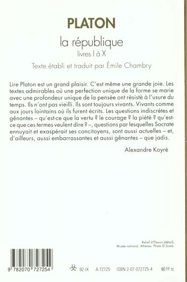 Quatrième de couverture de « LA REPUBLIQUE - LIVRES I A X »