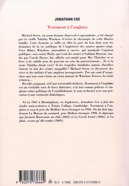 Quatrième de couverture de « TESTAMENT A L'ANGLAISE »
