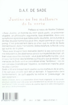 Quatrième de couverture de « JUSTINE OU LES MALHEURS DE LA VERTU »