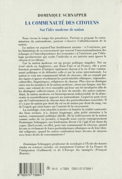 Quatrième de couverture de « LA COMMUNAUTE DES CITOYENS - SUR L'IDEE MODERNE DE NATION »