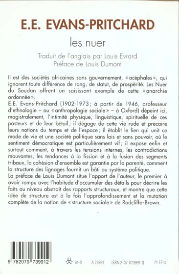Quatrième de couverture de « LES NUER - DESCRIPTION DES MODES DE VIE ET DES INSTITUTIONS POLITIQUES D'UN PEUPLE NILOTE »