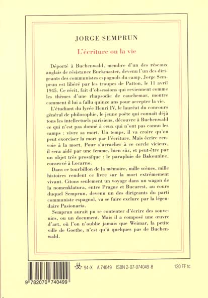 Quatrième de couverture de « L'ECRITURE OU LA VIE »