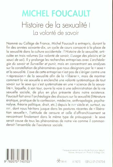 Quatrième de couverture de « HISTOIRE DE LA SEXUALITE - I - LA VOLONTE DE SAVOIR »