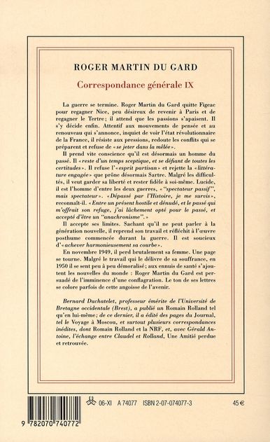 Quatrième de couverture de « CORRESPONDANCE GENERALE - VOL09 - 1945-1950 »