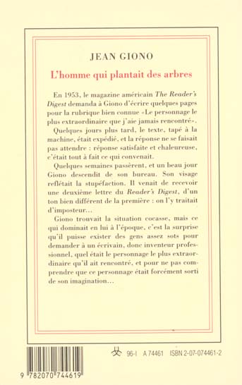 Quatrième de couverture de « L'HOMME QUI PLANTAIT DES ARBRES »