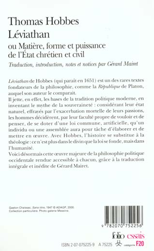 Quatrième de couverture de « LEVIATHAN - OU MATIERE, FORME ET PUISSANCE DE L'ETAT CHRETIEN ET CIVIL »
