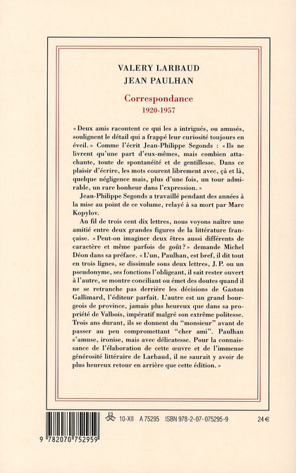 Quatrième de couverture de « CORRESPONDANCE - (1920-1957) »