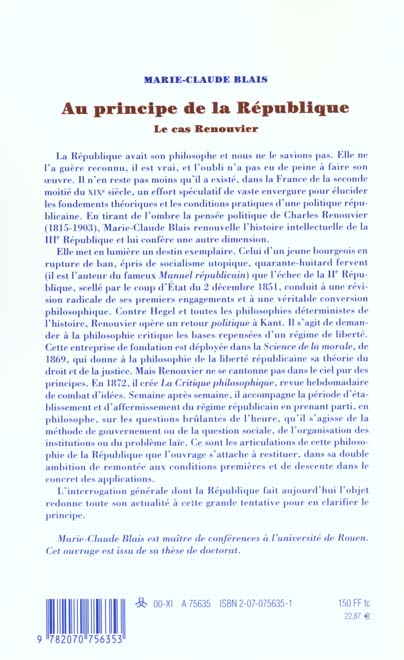 Quatrième de couverture de « AU PRINCIPE DE LA REPUBLIQUE - LE CAS RENOUVIER »