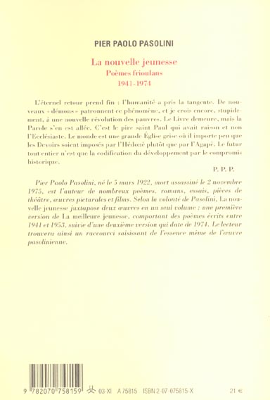 Quatrième de couverture de « LA NOUVELLE JEUNESSE - POEMES FRIOULANS (1941-1974) »