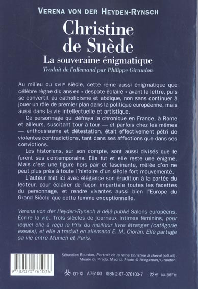 Quatrième de couverture de « CHRISTINE DE SUEDE - LA SOUVERAINE ENIGMATIQUE »