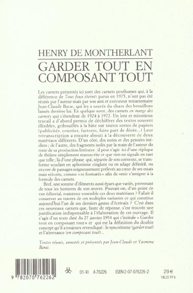 Quatrième de couverture de « GARDER TOUT EN COMPOSANT TOUT - CARNETS INEDITS - DERNIERS CARNETS (1924-1972) »