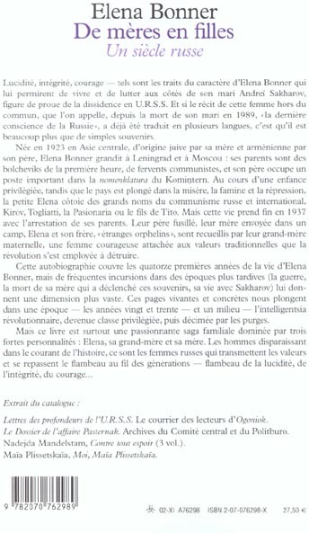 Quatrième de couverture de « DE MERES EN FILLES - UN SIECLE RUSSE »
