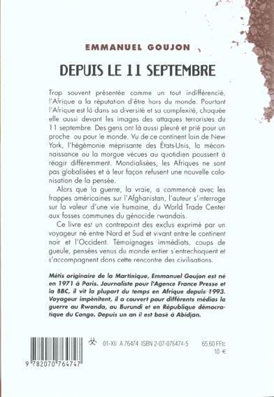 Quatrième de couverture de « DEPUIS LE 11 SEPTEMBRE »