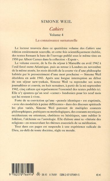 Quatrième de couverture de « OEUVRES COMPLETES - VOL06 - CAHIERS (JUILLET 1942 - JUILLET 1943) 4 »