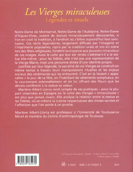 Quatrième de couverture de « LES VIERGES MIRACULEUSES - LEGENDES ET RITUELS »