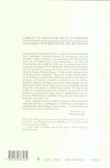 Quatrième de couverture de « GIDE ET LA TENTATION DE LA MODERNITE - ACTES DU COLLOQUE INTERNATIONAL DE MULHOUSE (25-27 OCTOBRE 20 »
