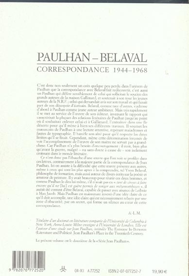 Quatrième de couverture de « CORRESPONDANCE - (1944-1968) »