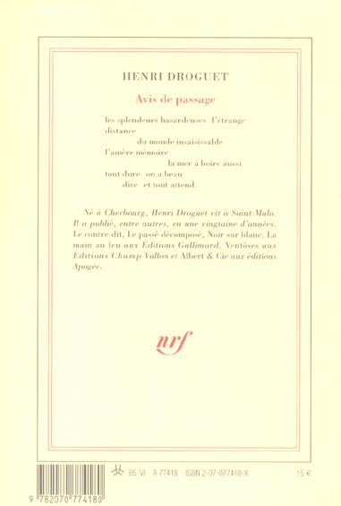 Quatrième de couverture de « AVIS DE PASSAGE »