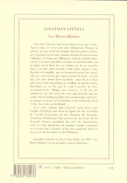 Quatrième de couverture de « Les Bienveillantes : roman »