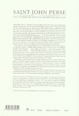Quatrième de couverture de « UNE LECTURE DE "VENTS" DE SAINT-JOHN PERSE »