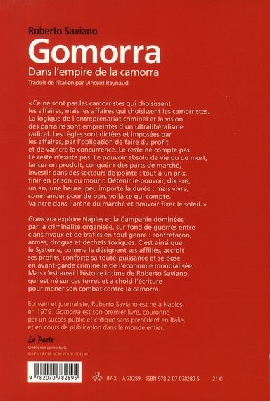 Quatrième de couverture de « Gomorra : dans l'empire de la camorra »