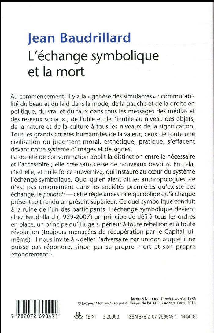 Quatrième de couverture de « L'ECHANGE SYMBOLIQUE ET LA MORT »