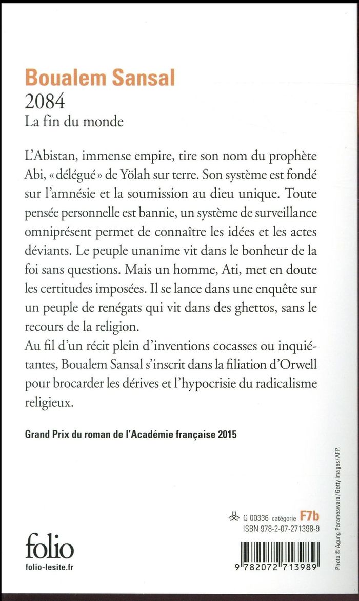 Quatrième de couverture de « 2084 : la fin du monde »