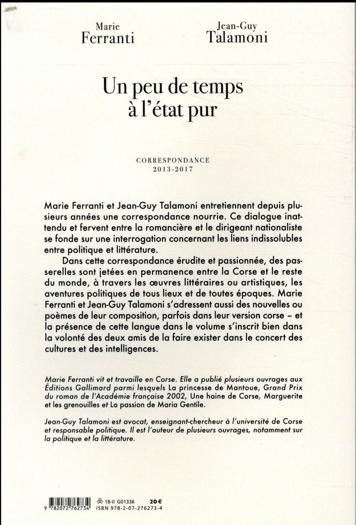 Quatrième de couverture de « Un peu de temps à l'état pur : correspondance, 2013-2017 »