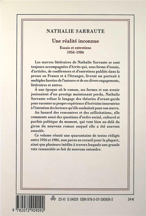 Quatrième de couverture de « Une réalité inconnue : essais et entretiens, 1956-1986 »