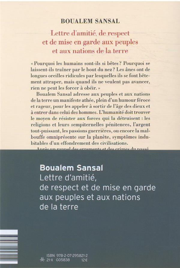 Quatrième de couverture de « Lettre d'amitié, de respect et de mise en garde aux peuples et aux nations de la Terre : aux bons soins de monsieur le secrétaire général de l'Organisation des Nations-Unies, New-York, NY 10017, USA »