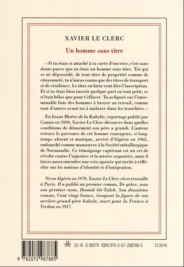 Quatrième de couverture de « Un homme sans titre »
