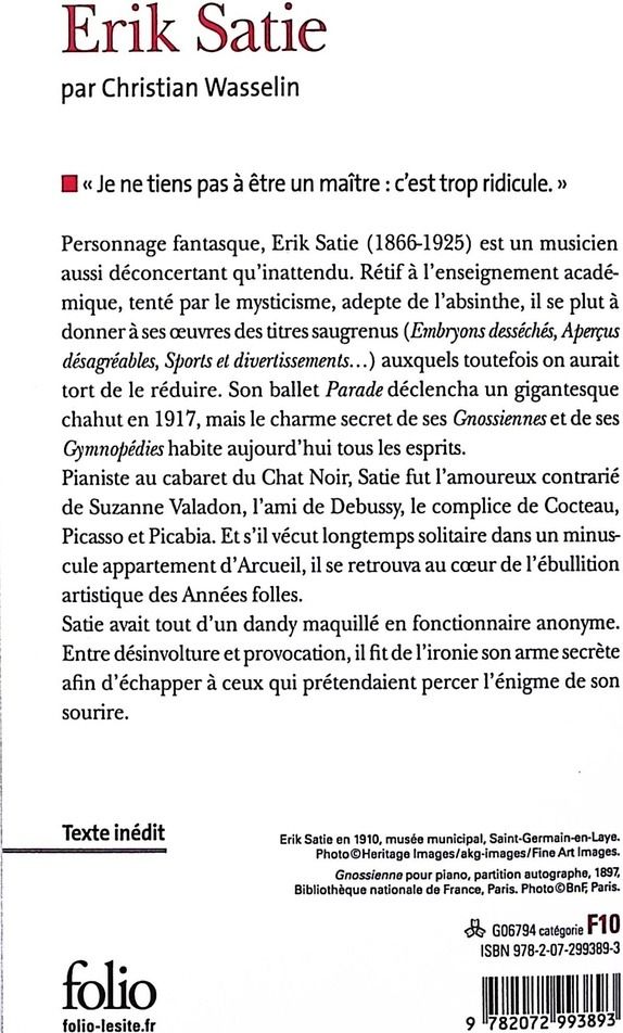 Quatrième de couverture de « Erik Satie »