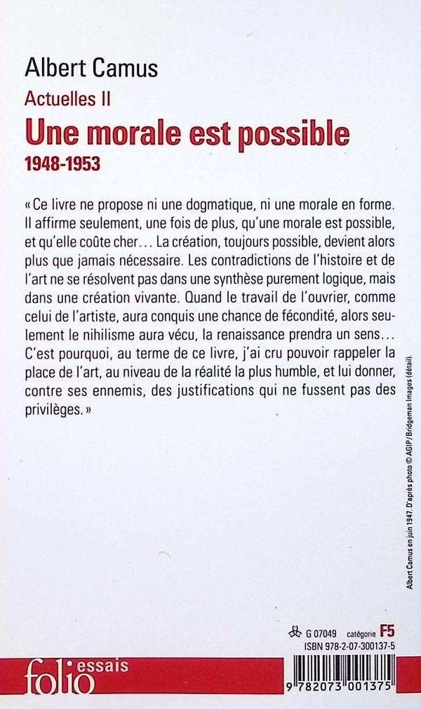 Quatrième de couverture de « Une morale est possible : 1948-1953 »