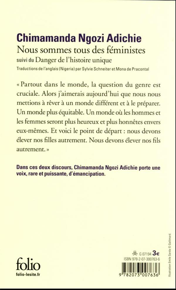 Quatrième de couverture de « NOUS SOMMES TOUS DES FEMINISTES/LE DANGER DE L'HISTOIRE UNIQUE »
