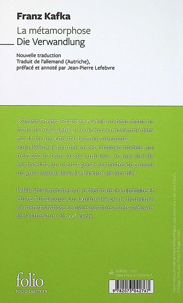 Quatrième de couverture de « La métamorphose : nouvelle traduction »