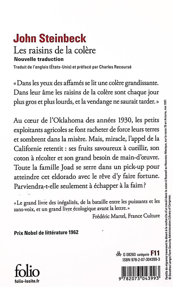 Quatrième de couverture de « LES RAISINS DE LA COLERE »