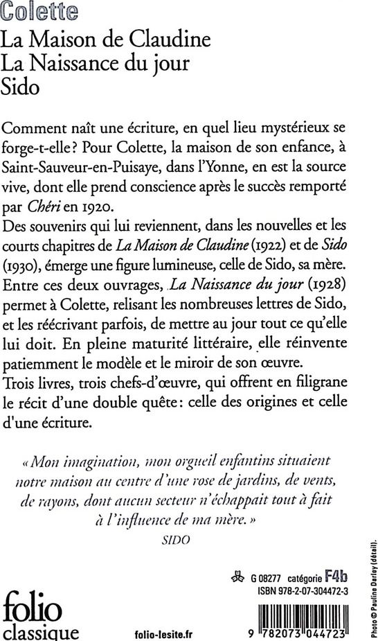 Quatrième de couverture de « La maison de Claudine »