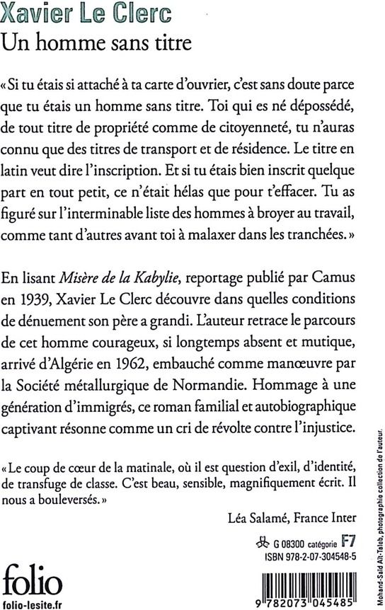 Quatrième de couverture de « UN HOMME SANS TITRE »