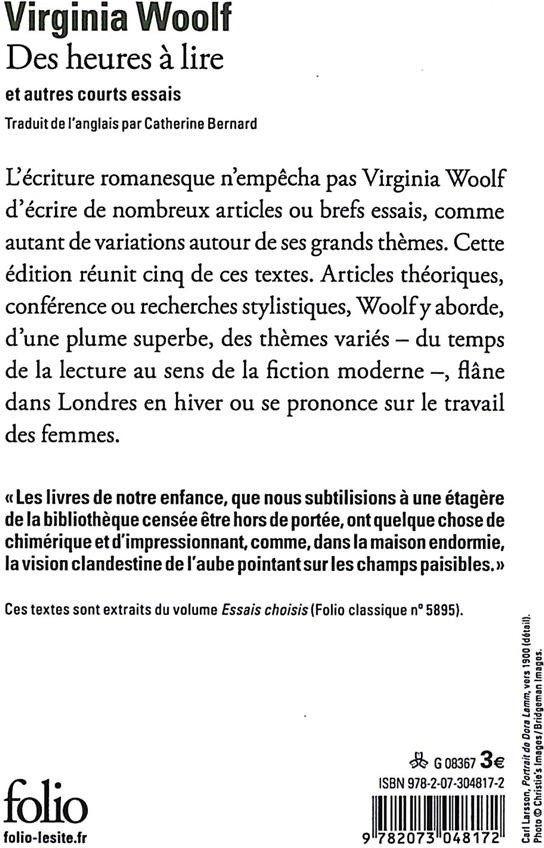 Quatrième de couverture de « DES HEURES A LIRE ET AUTRES COURTS ESSAIS »
