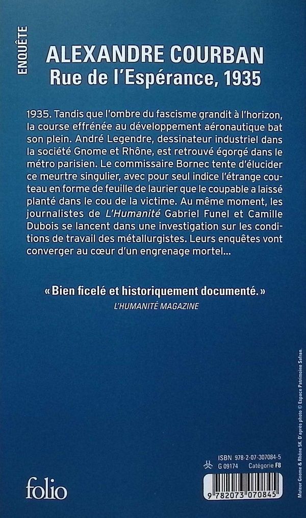 Quatrième de couverture de « Rue de l'espérance, 1935 »