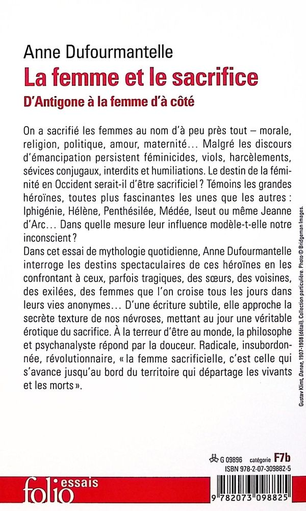 Quatrième de couverture de « La femme et le sacrifice : d'Antigone à la femme d'à côté »
