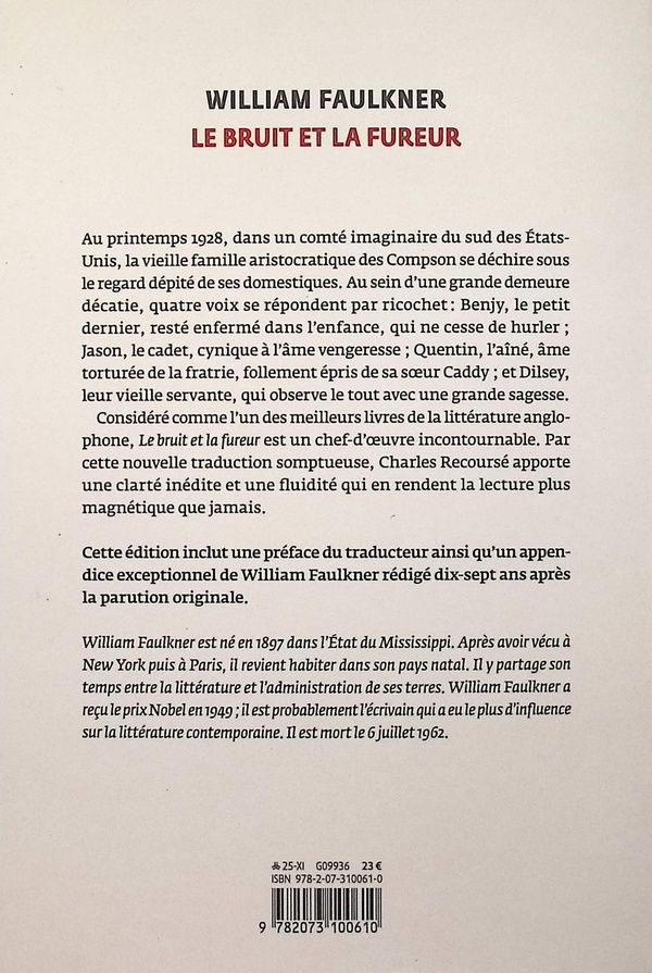 Quatrième de couverture de « Le bruit et la fureur : roman »