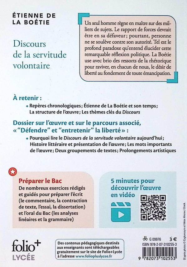 Quatrième de couverture de « DISCOURS DE LA SERVITUDE VOLONTAIRE - BAC 2026 »