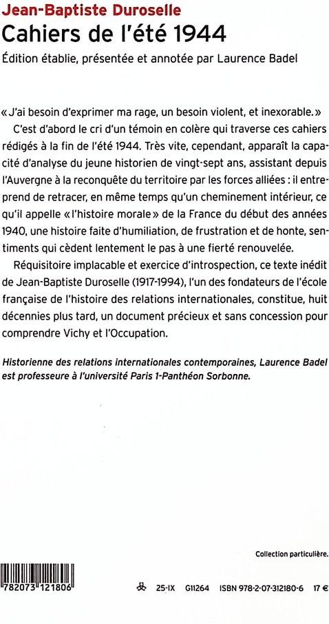 Quatrième de couverture de « Cahiers de l'été 1944 »