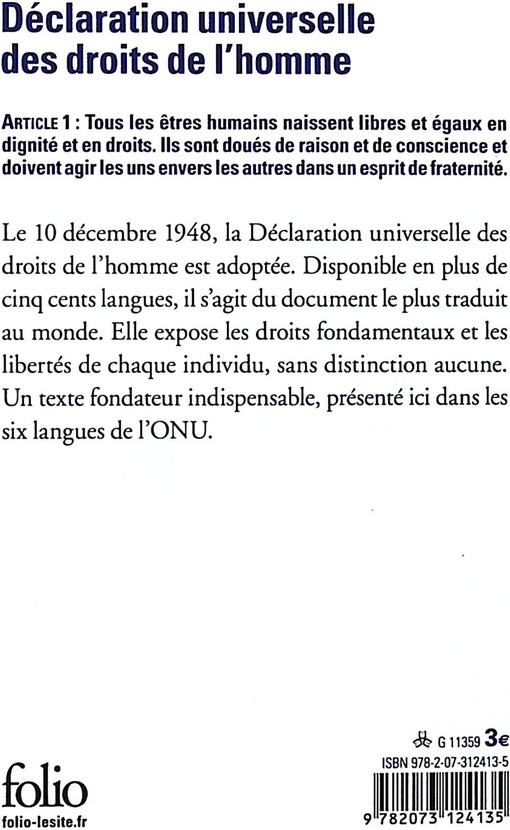 Quatrième de couverture de « DECLARATION UNIVERSELLE DES DROITS DE L'HOMME »