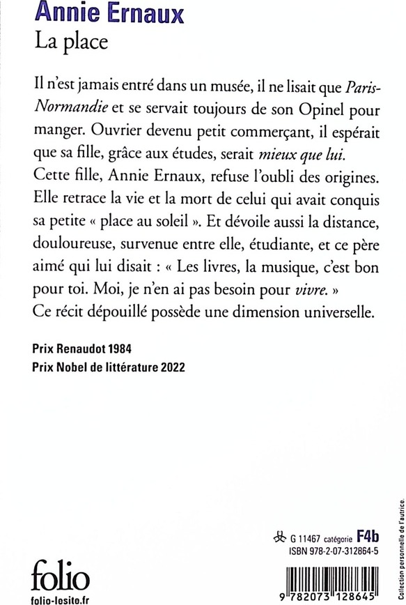 Quatrième de couverture de « LA PLACE »