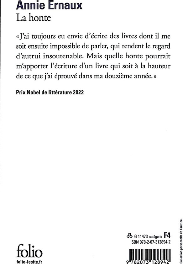 Quatrième de couverture de « LA HONTE »