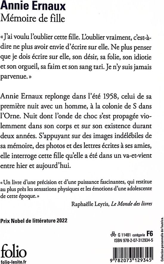 Quatrième de couverture de « MEMOIRE DE FILLE »