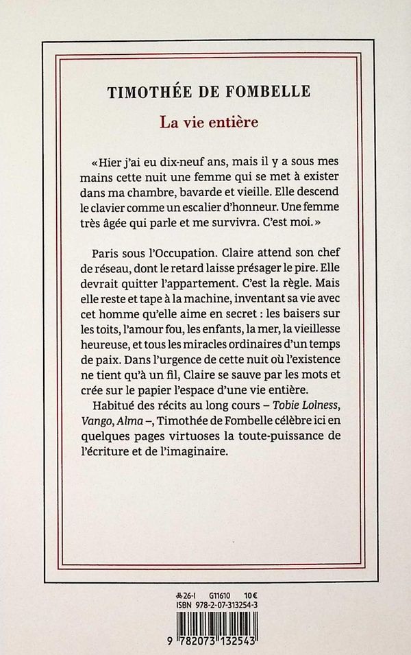 Quatrième de couverture de « La vie entière : roman »